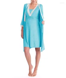 Women's Sleepwear 2024 Fashion Casual Lace Splicing Three-quarter Sleeve Maternity Dress Robe Pyjamas
