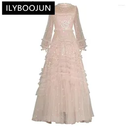 Casual Dresses ILYBOOJUN Fashion Autumn Mesh Maxi Dress Women O-Neck Lantern Sleeve Sequins Embroidery Ruffle Vintage Party Ball Gown