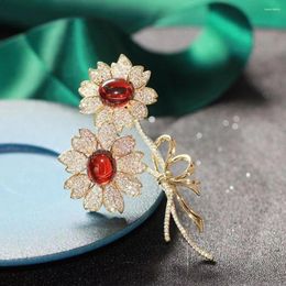 Brooches Famous Design Red Crystal Sunflower Brooch Rhinestone Luxury Accessories Pins Banquet Dress Wedding Corsage For Lady