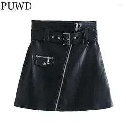 Skirts PUWD Locomotive Women Faux Leather Zipper Skirt 2024Autumn Vintage Solid Pocket Buckle Sashes Slim Female Bottoms