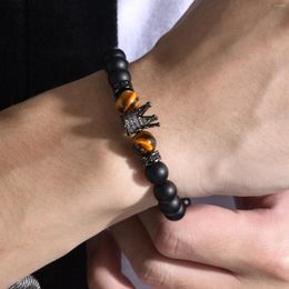 Link Bracelets Mprainbow Black Colour Crown Charm Tiger Eye Stone Beads Wristband Adjustable Casual Boy Jewellery