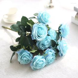 Decorative Flowers 1Bunch 10 Head Blue Colour Artificial Rose Fake Silk Flores For Home Bridal Wedding Decoration Flower Fleurs
