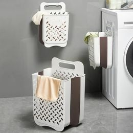 Bathroom Folding Dirty Clothes Storage Basket Wall Mounted Clothes Hanger Portable Punched Fluffy Clothes Bucket Organiser Laundry Basket 240510