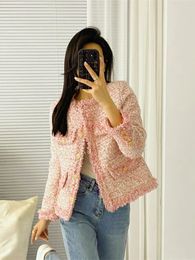 Women's Jackets Autumn And Winter Quality Pink Fashion Streetwear O-Neck Collar Real Wool Tweed Tassel Woman Jacket Elegant Ladies