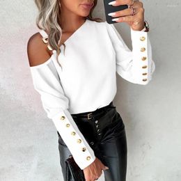 Women's Blouses One Shoulder Women Shirt Chain Decor Long Sleeve Slant Neck Top Blouse Button Pullover Soft OL Lady Fall Spring