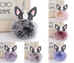 y Rabbit Fur Ball French Bulldog Keychain Pompom Key Chain Pu Leather Animal Dog Keyring Holder Bag Charm Trinket Chaveiros6744131