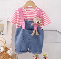 Clothing Sets Baby Girls 1st Birthday Outfits Summer Set For Kids Clothes Striped T-shirt And Denim Overalls Toddler Infant