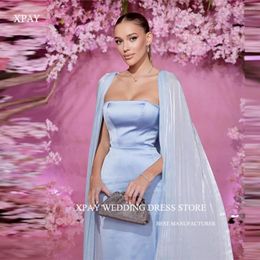 Party Dresses XPAY Simple Light Blue Satin Mermaid Evening Long Cape Sleeves Square Neck Arabic Women Formal Dress Prom Gowns