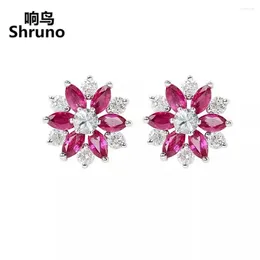 Stud Earrings Shruno Solid 14K Au585 White Gold Marquise Cut Ruby Gemstone Real Diamonds Women Trendy Flower Jewellery