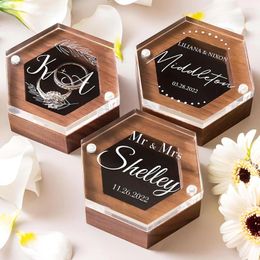 Party Favor Personalized Hexagon Acrylic & Wood Wedding Ring Box Elegant Custom Gift For Women Girlfriend Couples Lyweds
