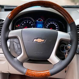 100% Fit For Chevrolet Captiva 2007-2014 Silverado GMC Sierra 2007-2013 car Interior DIY Hand-stitched Peach wood grain black Genuine Leather car steering wheel cover