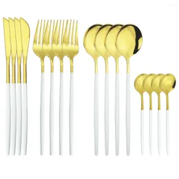 Dinnerware Sets 16Pcs White Gold Cutlery Set Stainless Steel Knife Fork Dessert Spoons Tableware Party Kitchen Silverware