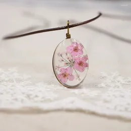 Pendant Necklaces Handmade Dried Flower Necklace Dome Glass Leather Chain Bohemian Long Statement Jewellery