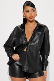 Women's Tracksuits Autumn Black PU Leather 2 Two Piece Set Women Turn Down Collar Long Sleeve Single Breasted Shirts Tops And Shorts Casual