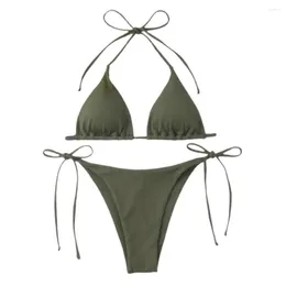 Women's Swimwear 2Pcs/Set Split Pads Quick Drying Gathering Halter Triangle Bra Side Tie Thong Summer Swimsuit Beachwear
