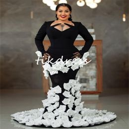 Stunning Aso Ebi Black Prom Dresses For Black Women White Red Rose Florals Elegant African Evening Gowns Long Sleeve Mermaid Formal Dress 2024 Plus Size Birthday Gown