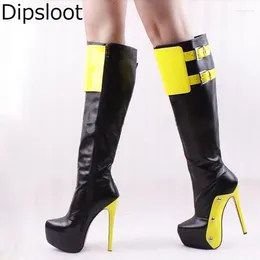 Boots Ladies Platform Fluorescent Shiny Leather Patched Knee High Metal Buckle Stiletto Heels Botas Women Zip Long