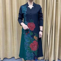 Casual Dresses Folk Floral Printed Vintage Women's Clothing Elegant V-Neck Button Spring Autumn Commute A-Line Waist Midi Dress