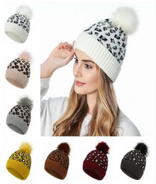 Leopard Knitted Hat Pom Pom Fur Ball Beanies Women Winter Warm Wool Knitting Hat Outdoor Keep Warm Beanie Caps Party Hats LJJP4108278469