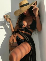 Women's Swimwear FASKOB Cut Out Two Piece Bikini Black Sexy Texture Push Up Summer Women Swimsuit Beach Bathing Suit