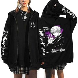 Moletom moletons de moletons de anime Jujutsu kaisen capuz zíper moletons masculinos Mulheres Anime Zipper Jackets Autumn Winter Sweetshirts Com zípre de capuz para plus size T240510