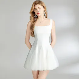 Casual Dresses Summer White Sleeveless Vest Short Dress Fashion Women Square Collar Mesh Patchwork Sling Prom Party Ball Gown Mini Vestidos