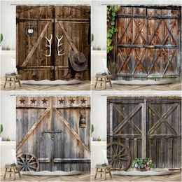 Shower Curtains Vintage Wood Panel Curtain Farm Barn Door Rustic Botanical Wheel Floral Polyester Fabric Bathroom Decor Washable