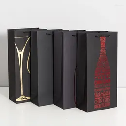 Gift Wrap Black Cardboard Gilded Wine Bag High End Wedding Handbag Convenient Champagne Single/Double Bottles Storage Handle