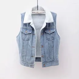 Women's Vests Winter Thick Lambswool Denim Vest Women Loose Short Cowboy Waistcoat Vintage Blue Frayed Pocket Sleeveless Jeans Female