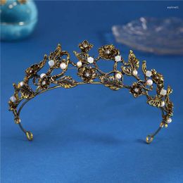 Headpieces Vintage Baroque Gold Colour Pearl Leaf Bridal Tiaras Crystal Crown Hairbands Vine Tiara Wedding Hair Accessories Bride Headband