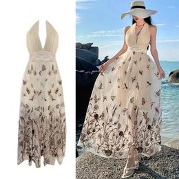 Casual Dresses French Summer Butterfly Flower Embroidery Mesh Holiday Maxi Dress Women Sexy Deep V Neck Sleeveless Backless Boho Long