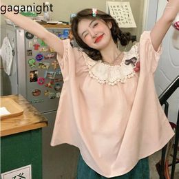 Women's Blouses Gaganight Women Heavy Industry Splicing Lace Three-dimensional Cherry Doll Collar Shirt Summer 2024 Sweet Loose Top