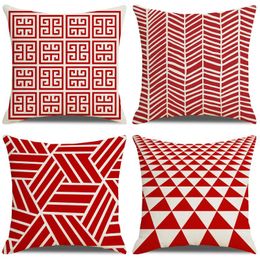 Pillow Scandinavian Minimalist Red Striped Geometric Plaid Polyester Linen Pillowcase Home Furnishing Cojines Decorativos