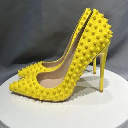 Yellow All Spikes Rivets 12Cm Women'S Shoes High Heels Females Pumps Pointed Casual Shoes 10Cm 8Cm Size 33-45