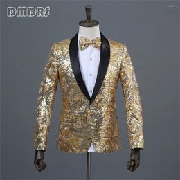 Men's Suits Gold Sequined Costume Suit Blazer For Men With Bow-tie Shawl Neck Fashion Jacket Wedding Prom Party
