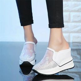 Slippers Summer Pumps Rhinestones Women Cow Leather Wedges High Heel Outdoor Round Toe Slides Slip On Punk Sneakers