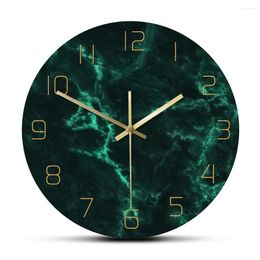 Wall Clocks Morden Design Minimalist Nordic Green Marble Pattern Print Clock 12 Inch Round Silent Non-ticking Watch Klok