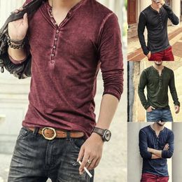 Men Tee Shirt Vneck Long Sleeve Tops Stylish Slim Buttons Tshirt Autumn Casual Solid Male Clothing Plus Size 3XL 240426