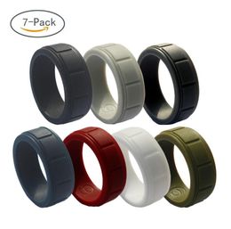 7pcs New style 8mm wide 7 Colours pack mens silicone ring sports ring Singles Silicone Rubber Wedding Bands Step Edge Sleek Desig7362200