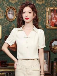 Women's Blouses Chinese Style Women Beige Pink Button Temperment Shirt 2024 Summer Green Short Sleeve Vintage Festival Elegant Tops Chic