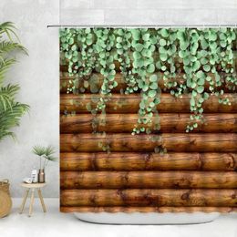 Shower Curtains Vintage Rustic Wooden Board Door Curtain Green Leaves On Farmhouse Country Wood Plank Polyester Fabric Bathroom