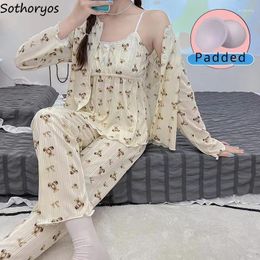 Women's Sleepwear Sweet Pyjama Sets Women 3PCS With Chest Pad Cute Soft Print Leisure Loose Ladies Long Sleeve Autumn Bedroom Outwear