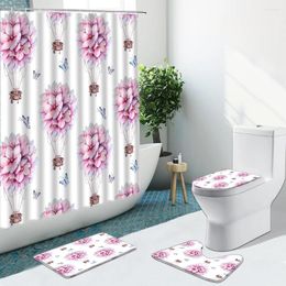 Shower Curtains Pink Watercolour Flower Butterfly Curtain Non-Slip Flannel Rugs Toilet Cover Bathroom Set Bath Mat Indoor Decor Washable