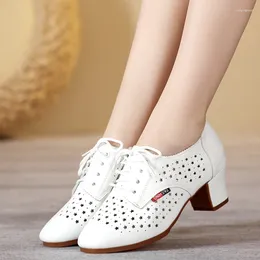 Dance Shoes White Modern Women Hollow Leather Soft Dancing Woman Square Sneakers