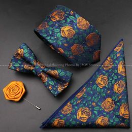 Neck Tie Set New Rose Floral Men Tie Set Polyester Jacquard Woven Necktie Bowtie Suit Vintage Red Pink For Groom Business Wedding Party Gift