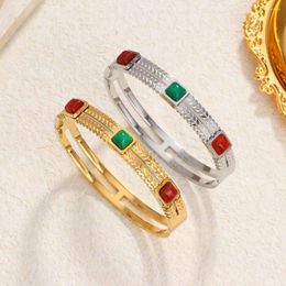 Bangle Luxurious Ruby Emerald Wheat Textured Double Strand Unisex Open Bracelet Stainless Steel Hollow O Shaped Hip Hop Style Accessory