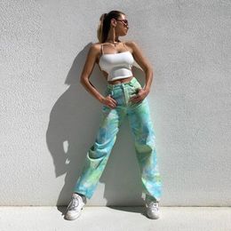 Women's Jeans Women Tie-Dye Casual Pants Green Loose Denim Straight-Leg Trousers With Pocket Fashion High Waist Bottom Baggy