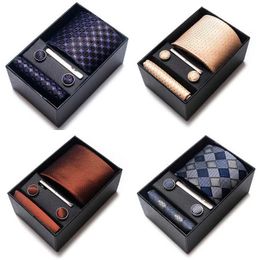 Neck Tie Set Wholesale 2023 New Style Party Cravat Gift Silk Tie Pocket Squares Set Necktie Box Men Blue Suit Accessories Fit Wedding