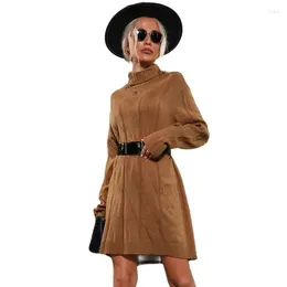 Casual Dresses Woman Dress Winter Chic Solid Color Knitted Sweater For Women Full Sleeve High Collar Thick A-Line Long Pullover Vestidos