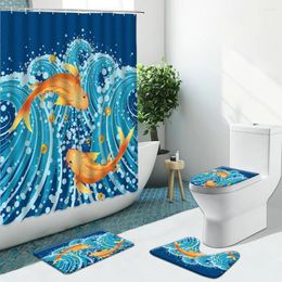 Shower Curtains Sea Wave Carp Chinese Style Bird Bathroom Set Curtain Non-Slip Rugs Flannel Carpet Cover With Hooks Bath Mat Washable